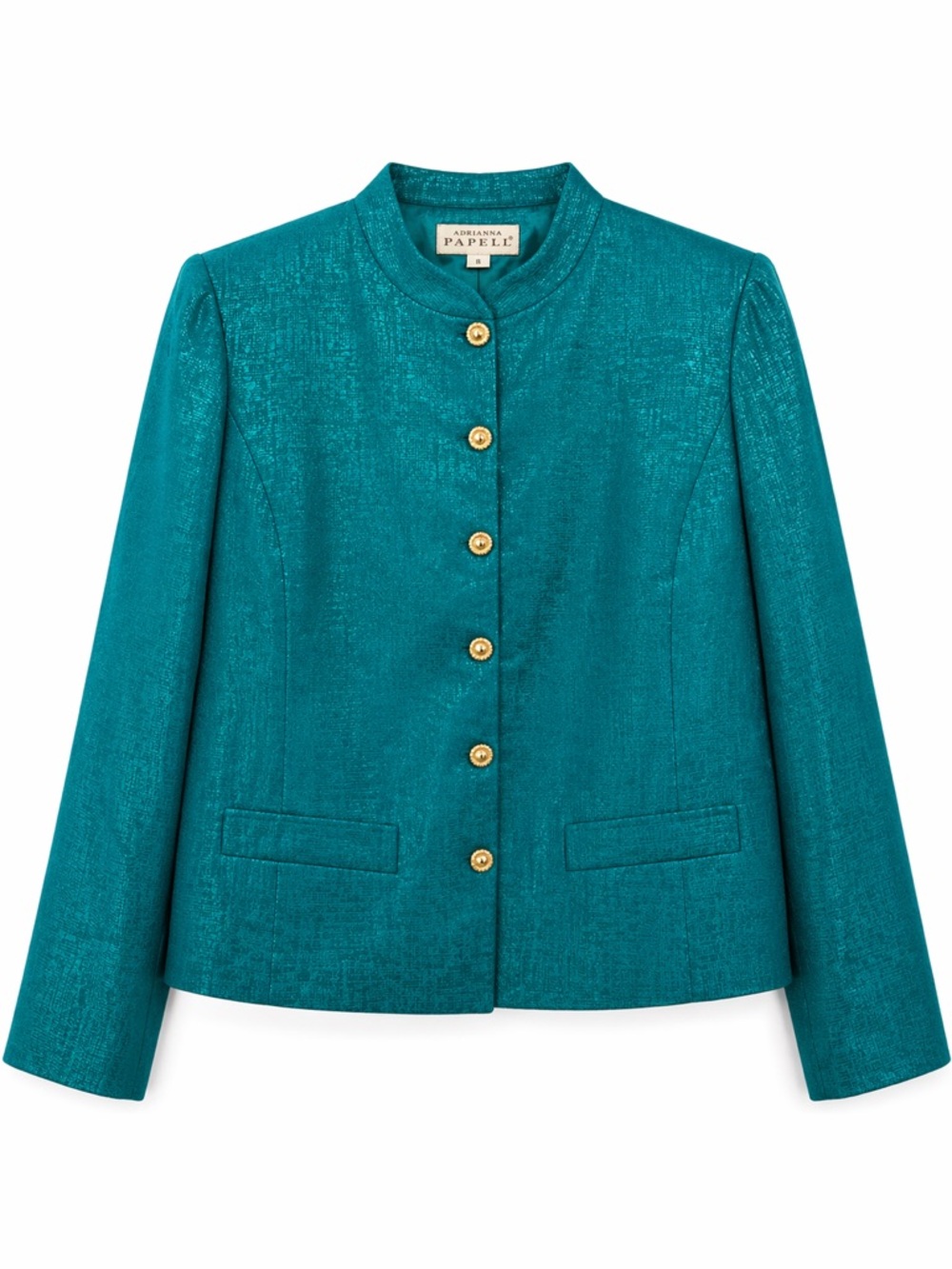 Adrianna Papell 100% Silk Teal Blazer Jacket Mandarin Collar Button Front Size 8
